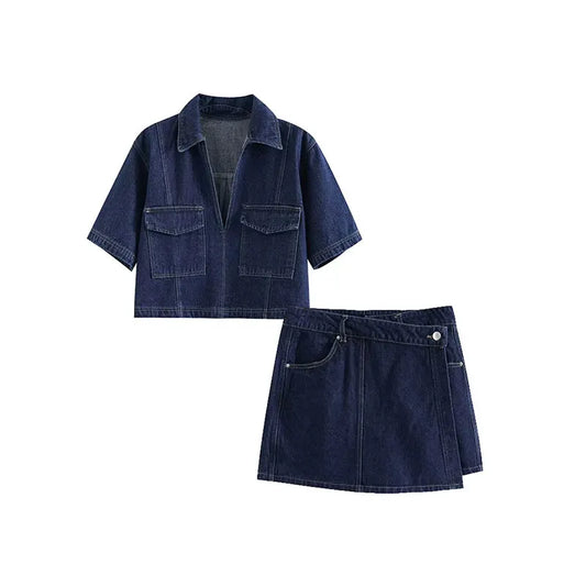 Denim Pocket Detail Crop Top & Skirt Set