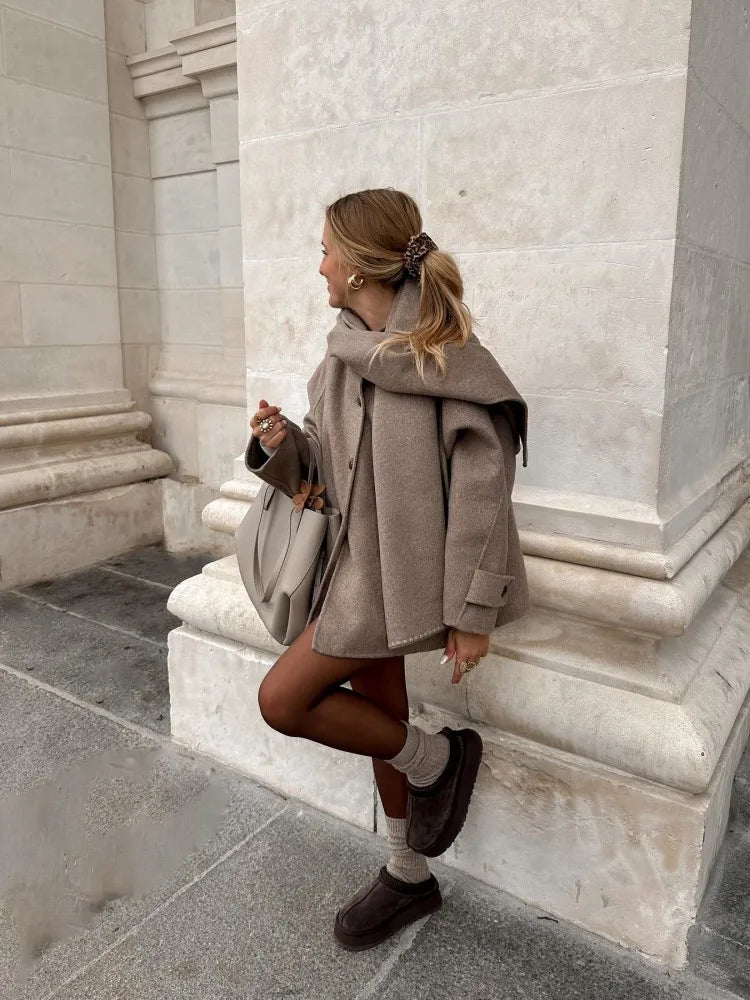 Chic Scarf Collar Woolen Jacket